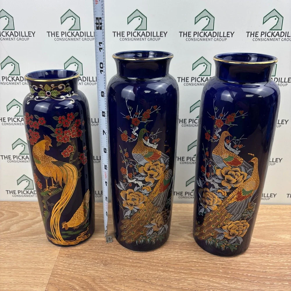 Vintage Kutani Imperial Japanese Cobalt Blue Gold Peacock Pheasant Vase Set 3pc